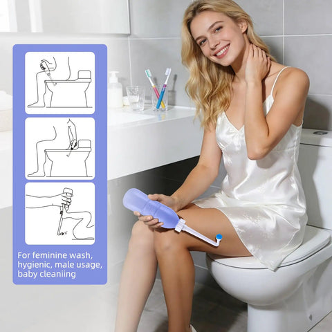 Woman using Portable Bidet Sprayer For Personal Hygiene 620ml Travel Bottle With Extended Nozzle Handheld Toilet Sprayer in bathroom