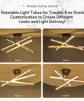 Gold LED Chandelier Three Lights Modern Semi Flush Mount Ceiling Fixture with adjustable arms in four custom shapes