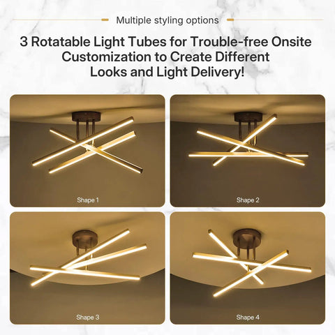 Gold LED Chandelier Three Lights Modern Semi Flush Mount Ceiling Fixture with adjustable arms in four custom shapes