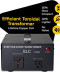 Beefy 2000 Watt Maximum Voltage Converter Transformer For 110V To 220V Devices shown from front with efficiency features