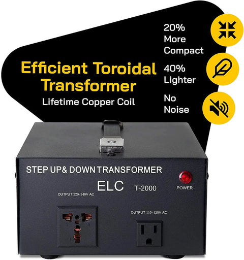 Beefy 2000 Watt Maximum Voltage Converter Transformer For 110V To 220V Devices shown from front with efficiency features