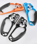 Four right hand climbing ascenders for 8 to 13 mm rope, UIAA certified, featuring black, orange, and blue aluminum alloy designs.