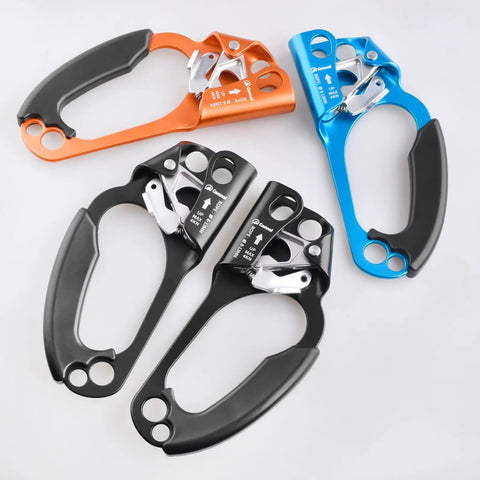 Four right hand climbing ascenders for 8 to 13 mm rope, UIAA certified, featuring black, orange, and blue aluminum alloy designs.