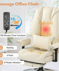 All Day Comfort Massage And Heated Office Chair With Foot Rest, beige leather chair with remote, highlighting massage functions