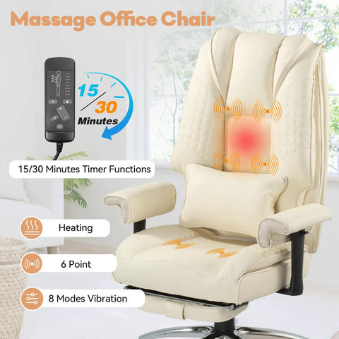 All Day Comfort Massage And Heated Office Chair With Foot Rest, beige leather chair with remote, highlighting massage functions