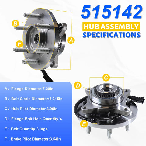 Front Wheel Bearing Hub Assembly 515142 For 4x4 6 Lug Trucks ABS Compatible with specifications diagram