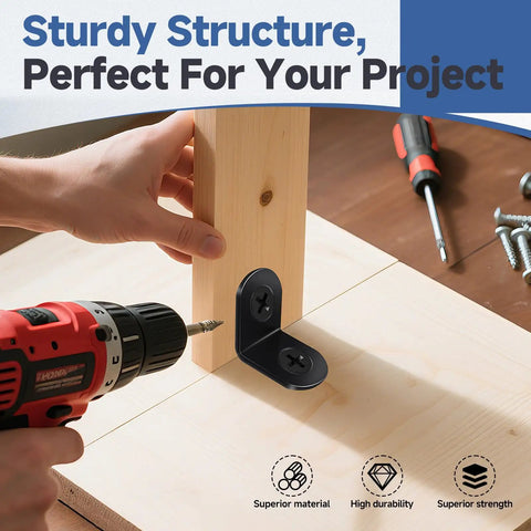 Person using a drill to install a black stainless steel L bracket for secure joint assembly in DIY project.