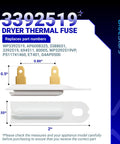 Dryer Thermal Fuse 3392519 Replacement For Kenmore Whirlpool Maytag with dimensions and compatible part numbers shown