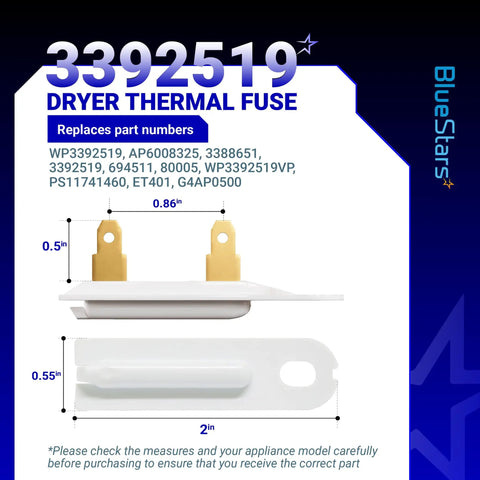 Dryer Thermal Fuse 3392519 Replacement For Kenmore Whirlpool Maytag with dimensions and compatible part numbers shown