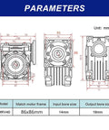 Technical diagram of NMRV040 Worm Gearbox Speed Reducer 30 To 1 Beefy Torque with 86mm flange, 14mm input, 18mm output.
