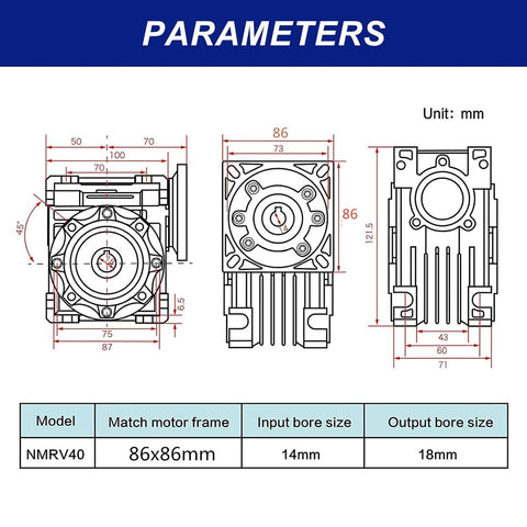 Technical diagram of NMRV040 Worm Gearbox Speed Reducer 30 To 1 Beefy Torque with 86mm flange, 14mm input, 18mm output.