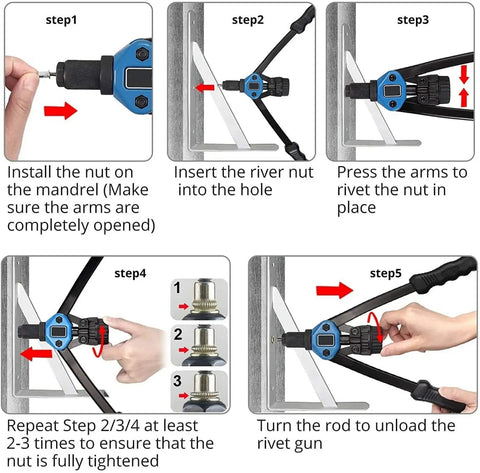 Steps to use Rivet Nut Tool Kit Hand Riveter Set With 110 Pcs M3 M12 Nuts And 7 Metric And Inch Mandrels for nut installation