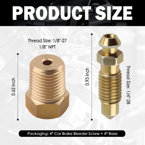 Heavy Duty Four Piece Brake Bleeder Screw Kit With NPT Copper Bases To Pump Back That Pedal Feel And Restore Snappy Stopping Power For Slick Daily Driving Repairs, showcasing sizes 1/8" NPT and 1/4-28 screws.