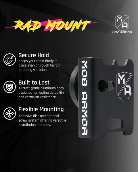 Rad Mount Magnetic Car Mount Kit For CB VHF GMRS And Other Handheld Radios with Hand Mic Holder displayed with features