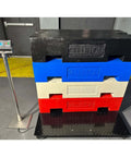 Beefy Floor Scale For Pallets And Shipping In Warehouse Use With Smart Digital Indicator 48 By 48 Inches 10000 Lb Capacity Accurate To 1 Lb Built For Tough Industrial Environments And Long Life showing stacked colored pallets on scale in warehouse.