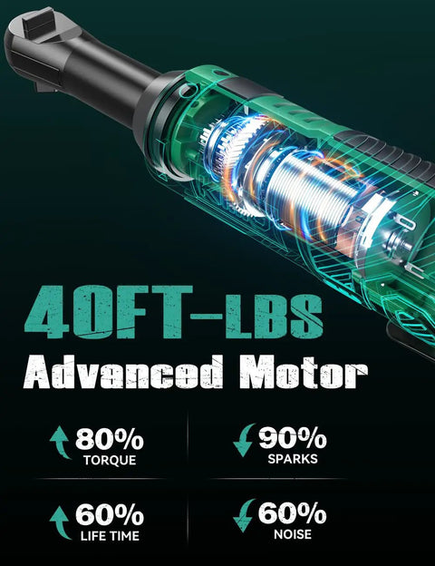 Cutaway view shows the advanced motor of the Extended Cordless Electric Ratchet Wrench Kit, 12V, 400 RPM, 40 Ft-Lbs Beast Power.