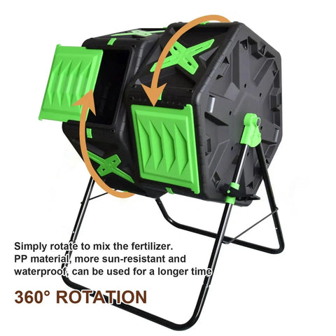 Dual Chamber Compost Tumbler With 360 Degree Rotating Bin 140L Heavy Duty Outdoor Compost Bin For Parks Gardens Farms And Orchards Mobile Rolling Design For Easy Turn Sturdy PP Frame in use