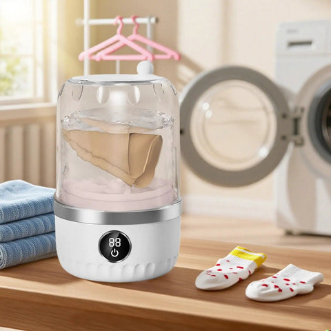 Compact Portable Washing Machine For Travelers And Students Slick Laundry Appliance offering hassle free plug and play operation in a cozy laundry space.