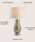 Dope Green Mosaic LED Table Lamp With Iron Base And White Linen Drum Shade Coastal Traditional Style Nickel Accents UL Listed LED Bulb Included 28 Inch Tall