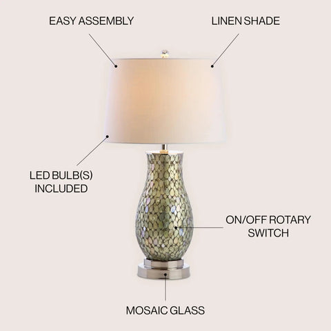 Dope Green Mosaic LED Table Lamp With Iron Base And White Linen Drum Shade Coastal Traditional Style Nickel Accents UL Listed LED Bulb Included 28 Inch Tall