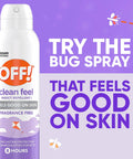 OFF! Clean Feel insect repellent aerosol, fragrance-free with text 'Try the bug spray that feels good on skin', 8 hours protection