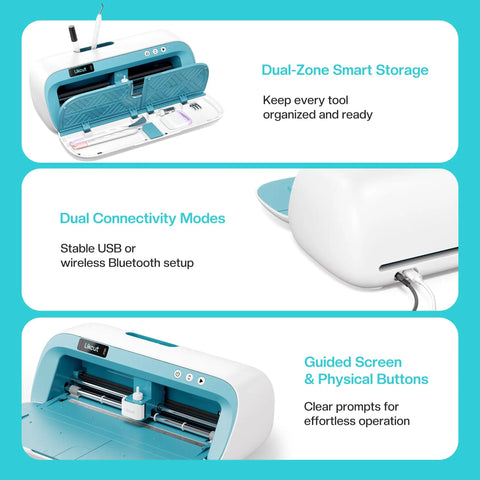 Vinyl Cutter Machine With Print Then Cut, Essential Starter Bundle For DIY Crafts showing dual-zone storage and connectivity modes.