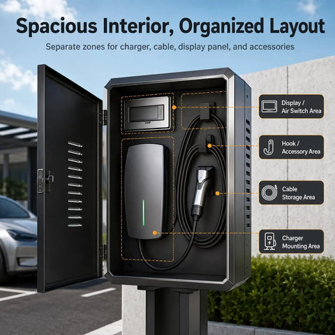 Heavy Duty Steel EV Charger Enclosure With Lockable Faceted Door Weather Resistant Outdoor charging station with organized layout.