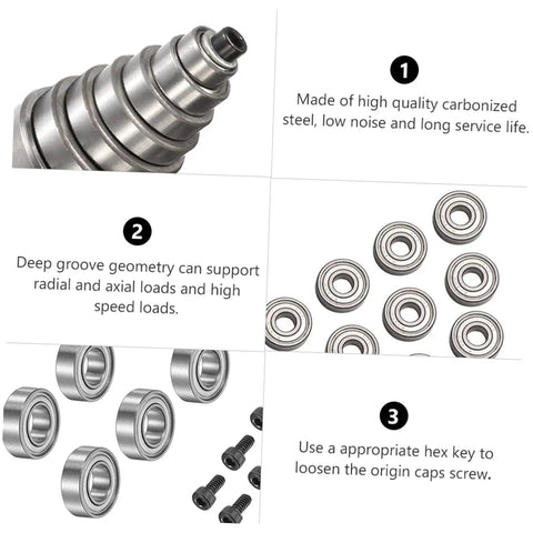 Collage showing components of Top Bearing Router Bit Kit With Ball Bearings, Screws And Wrench For Router Bits.