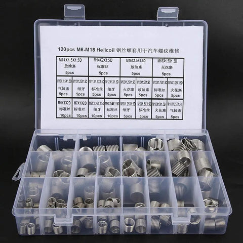 Stainless Steel Thread Repair Kit with M6 to M18 inserts and durable storage case for stripped threads quick DIY fix.