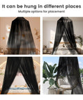 Collage showing black dome style bed canopy mosquito net hanging over different beds and spaces, demonstrating versatility