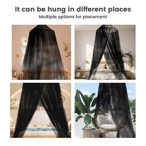 Collage showing black dome style bed canopy mosquito net hanging over different beds and spaces, demonstrating versatility