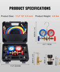 Front view of VEVOR 3-way AC manifold gauge set in a hard carrying case with blue and red gauges and colored hoses.