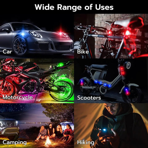 4 Pack Wireless Rechargeable Magnetic LED Strobe Lights With Remote Control 8 Color USB Waterproof installed on cars, bikes, motorcycles, scooters, for camping and hiking.