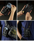 Person holding EDC Pouch Organizer For Men with 3 slots, 2 zipper pockets, 1 phone pocket, 1 multi tool slot, rugged 500D carry pouch.