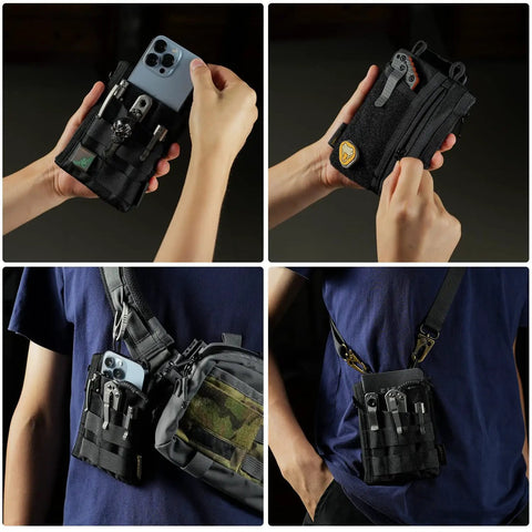Person holding EDC Pouch Organizer For Men with 3 slots, 2 zipper pockets, 1 phone pocket, 1 multi tool slot, rugged 500D carry pouch.
