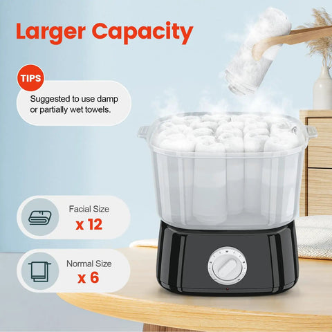 Rapid Heating Towel Warmer For Home Spa And Salon Holds 12 Mini Towels Portable Square Towel Steamer in use on table