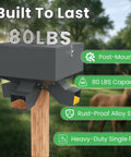 Heavy Duty Gravity Deer Feeder Rock Solid 80 Pound Capacity Automatic Hunting Box Rust Proof Galvanized Steel Weather Beater Deer Magnet Protein Feed Dispenser post-mounted, showing 80 lbs capacity and rust-proof steel.