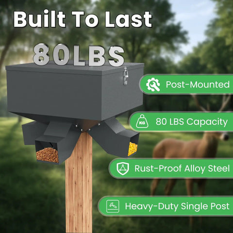 Heavy Duty Gravity Deer Feeder Rock Solid 80 Pound Capacity Automatic Hunting Box Rust Proof Galvanized Steel Weather Beater Deer Magnet Protein Feed Dispenser post-mounted, showing 80 lbs capacity and rust-proof steel.