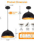Esfos 11.8" Black and Gold Pendant Lights Kitchen Island dimensions including adjustable height and installation options.