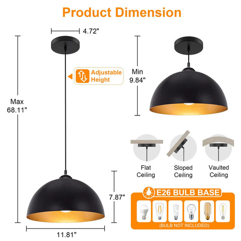 Esfos 11.8" Black and Gold Pendant Lights Kitchen Island dimensions including adjustable height and installation options.
