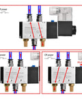 Electric Pneumatic Solenoid Valve 5 Way 2 Position, 220 VAC, operational diagram, 4V210-06 Compatible, 1/8 Inch PT Ports, CE Certified