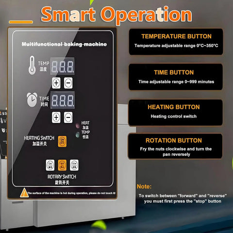 Kick Start Your Daily Grind With This Smooth Operator Electric Coffee And Nut Roaster control panel showing temperature, timer, and rotation settings.