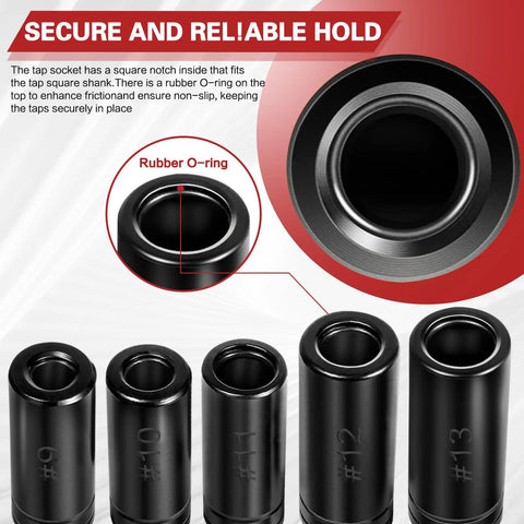 Five Piece Heavy Duty Tap Socket Set Fits 5/8 To 1 Inch Taps, 1/2 Inch Drive Adapter, showing rubber O-ring detail.