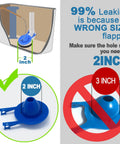 Diagram showing correct and incorrect flapper sizes for toilets, highlighting 2 Inch Universal Toilet Flapper Replacement Kit 2 Pack with stainless chain.