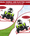 Upgraded Telescopic Lawn Mower Lift Jack demo with manual and electric handle options, lifting a garden tractor, red steel frame.