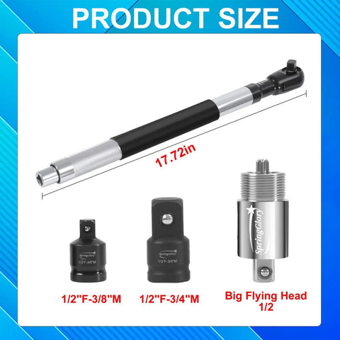 Knuckle Buster Saver Heavy Duty 1/2 Inch Offset Extension Socket Adapter For Electric Pneumatic Hand Impact Wrenches Hits Deep Cavities Turns Like Butter Perfectly with size labels.