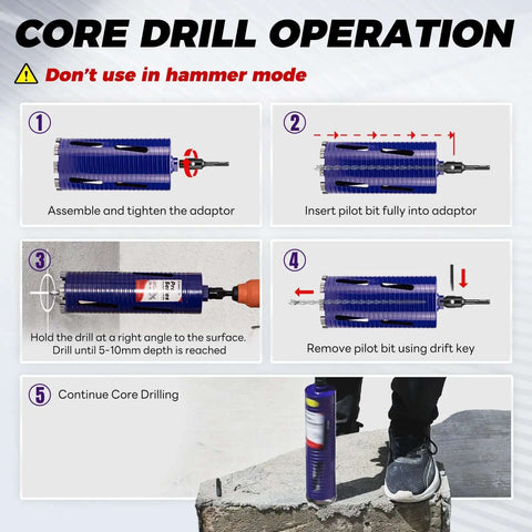Front view of blue DaduoRi 2-inch core drill bit kit with pilot bit and SDS Plus 1/2-inch hex adapters.