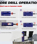 Step-by-step guide on using a 3 Inch Diamond Core Drill Bit Kit With Pilot Bit And Adapters For SDS Plus And One Half Inch Hex Five Eighths Inch Thread Nine Point Five Inch Depth Upgraded Welded Segments For Concrete Masonry Brick Block Complete Package With Dust Collection Bags, highlighting assembly, insertion, drilling, and cleaning steps.