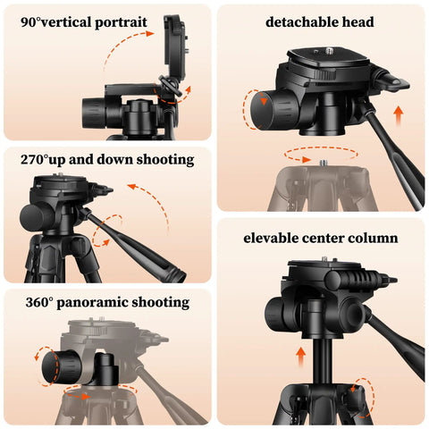 Detail view of 68 Inch Camera Tripod For Phone And Tablet, All In One Travel Stand With Remote showing 90° portrait and detachable head.