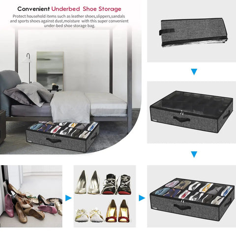 Sick Under Bed Shoe Storage Organizer Set Of 2, Straight Up Closet Flex Hosting Up To 24 Pairs Of Kicks, Clear Window, Breathable Black Linen Look, Foldable Space Saver Design